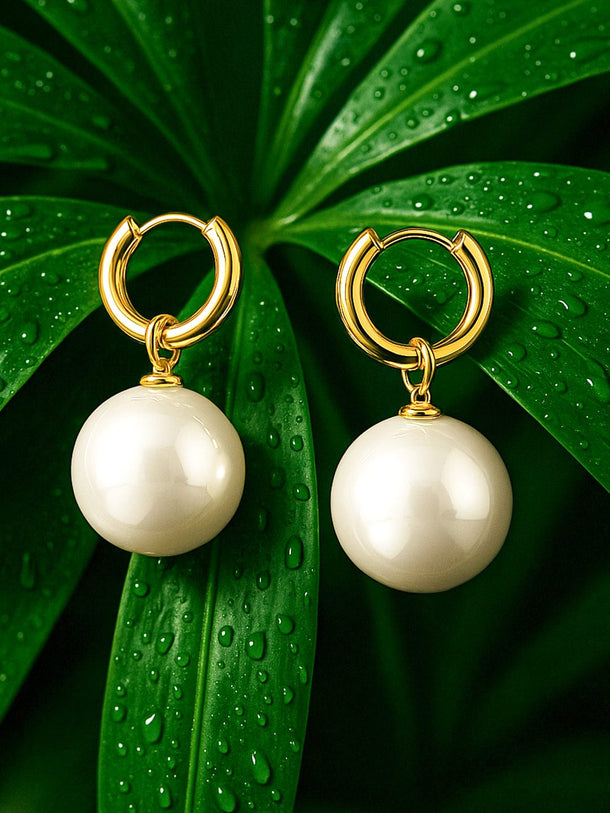 Rubans 18K Gold-Plated Hoop Earrings with Oversized Glossy Cream Pearl Drops Drop