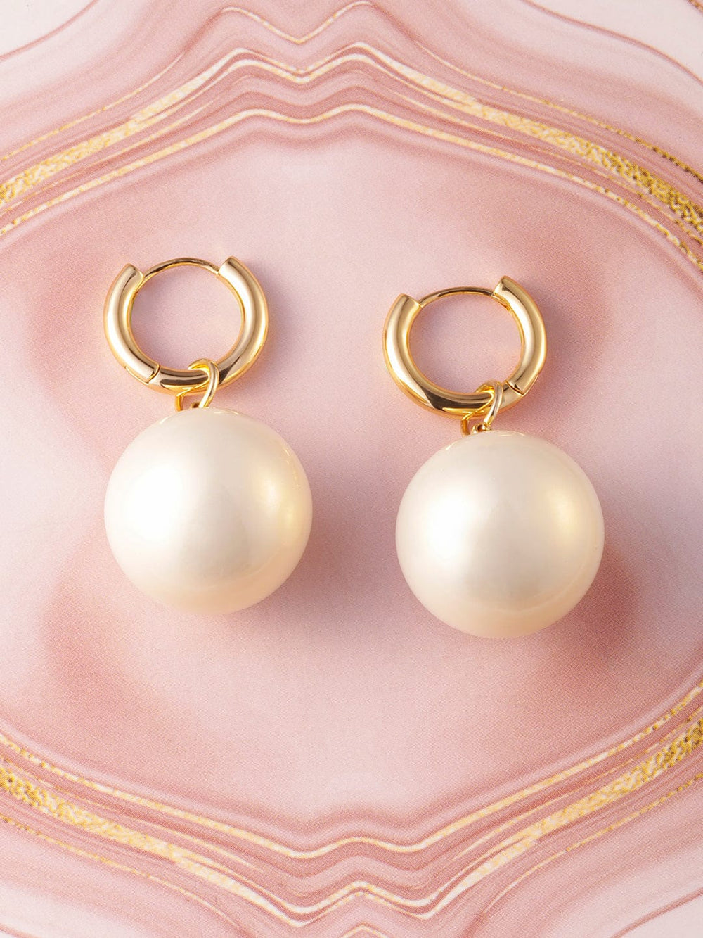 Rubans 18K Gold-Plated Hoop Earrings with Oversized Glossy Cream Pearl Drops Drop