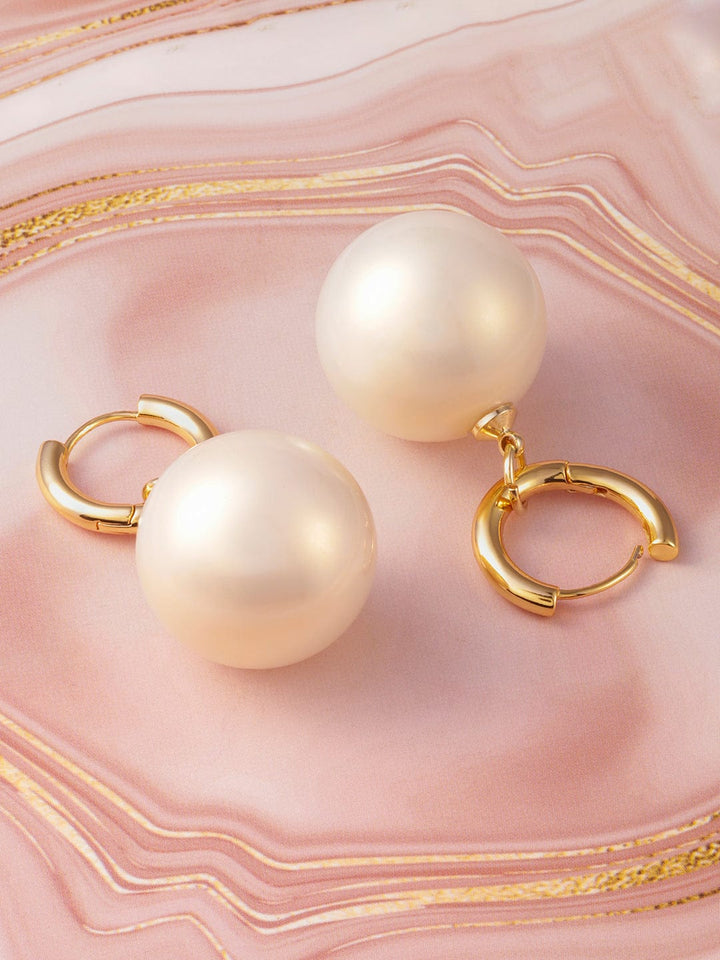 Rubans 18K Gold-Plated Hoop Earrings with Oversized Glossy Cream Pearl Drops Drop