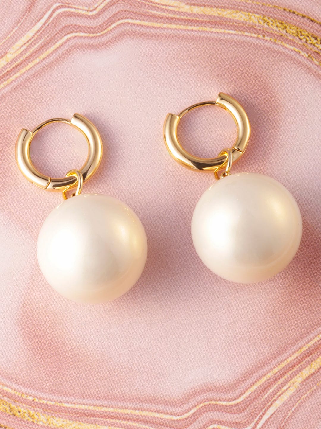 Rubans 18K Gold-Plated Hoop Earrings with Oversized Glossy Cream Pearl Drops Drop