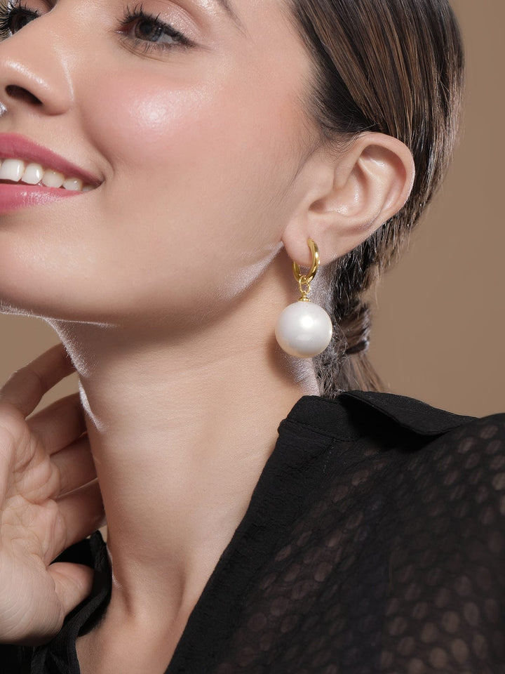 Rubans 18K Gold-Plated Hoop Earrings with Oversized Glossy Cream Pearl Drops Drop