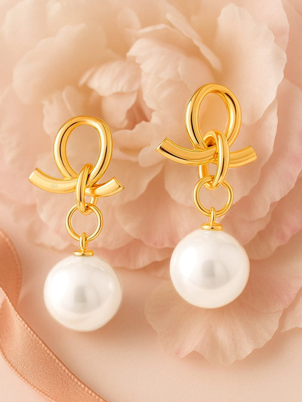 Rubans 18K Gold-Plated Knotted Loop Earrings with Elegant White Pearl Drop Detailing Drop Earrings