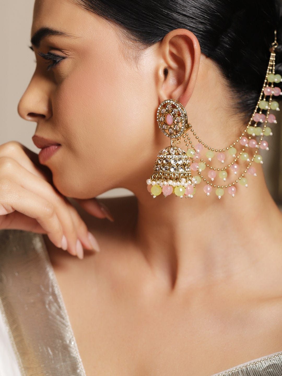 Rubans 18K Gold-Plated Kundan & CZ Kan Chain Jhumka Earring with Pastel Green & Pink Beads Jhumka Earrings