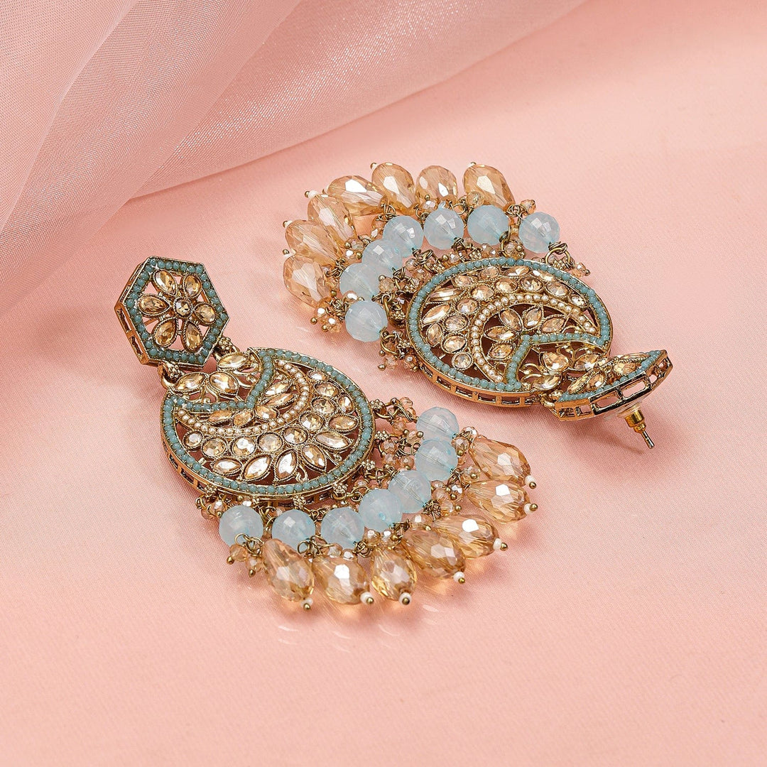 Rubans 18K Gold-Plated Kundan Long Chandbali Earrings with Sky Blue Stones & Beaded Danglers Chandbali Earrings