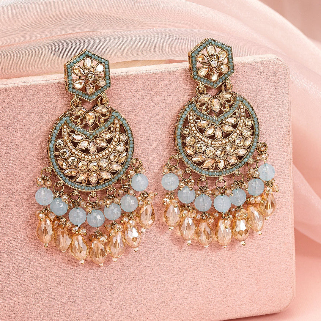 Rubans 18K Gold-Plated Kundan Long Chandbali Earrings with Sky Blue Stones & Beaded Danglers Chandbali Earrings