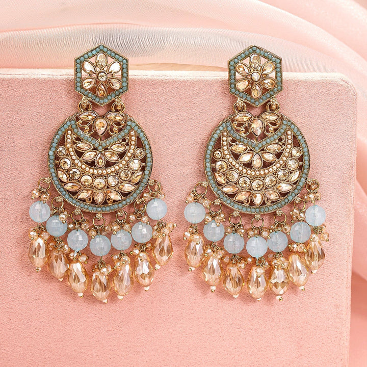 Rubans 18K Gold-Plated Kundan Long Chandbali Earrings with Sky Blue Stones & Beaded Danglers Chandbali Earrings