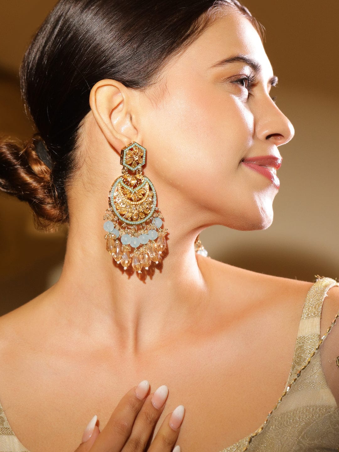 Rubans 18K Gold-Plated Kundan Long Chandbali Earrings with Sky Blue Stones & Beaded Danglers Chandbali Earrings