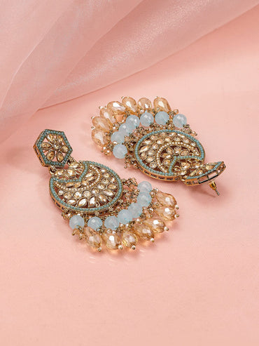 Rubans 18K Gold-Plated Kundan Long Chandbali Earrings with Sky Blue Stones & Beaded Danglers Earrings