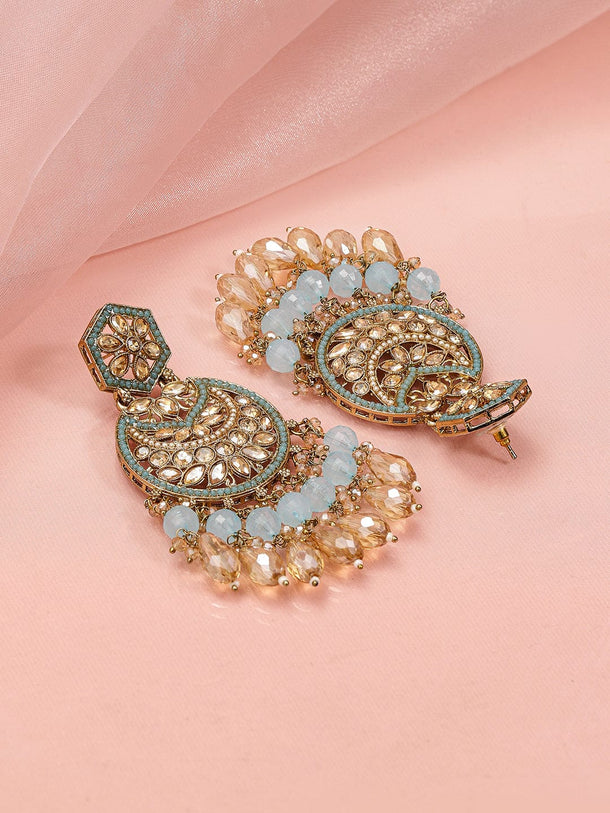 Rubans 18K Gold-Plated Kundan Long Chandbali Earrings with Sky Blue Stones & Beaded Danglers Earrings