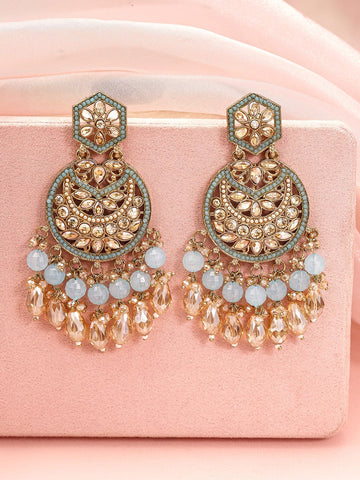Rubans 18K Gold-Plated Kundan Long Chandbali Earrings with Sky Blue Stones & Beaded Danglers Earrings