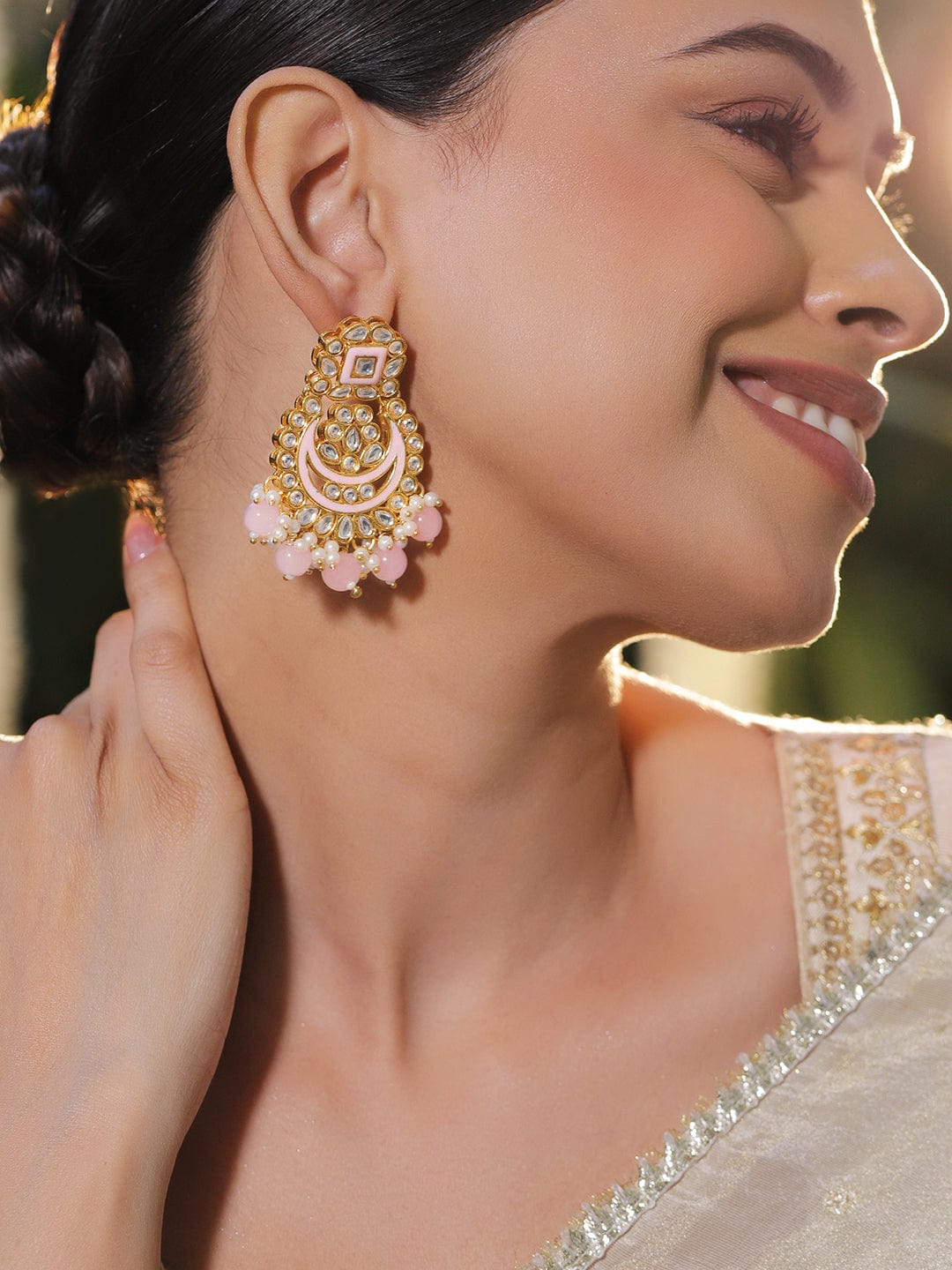 Rubans 18K Gold-Plated Kundan, Pastel Pink Enamel & Pearl Beads Handcrafted Chandbali Earrings Earrings