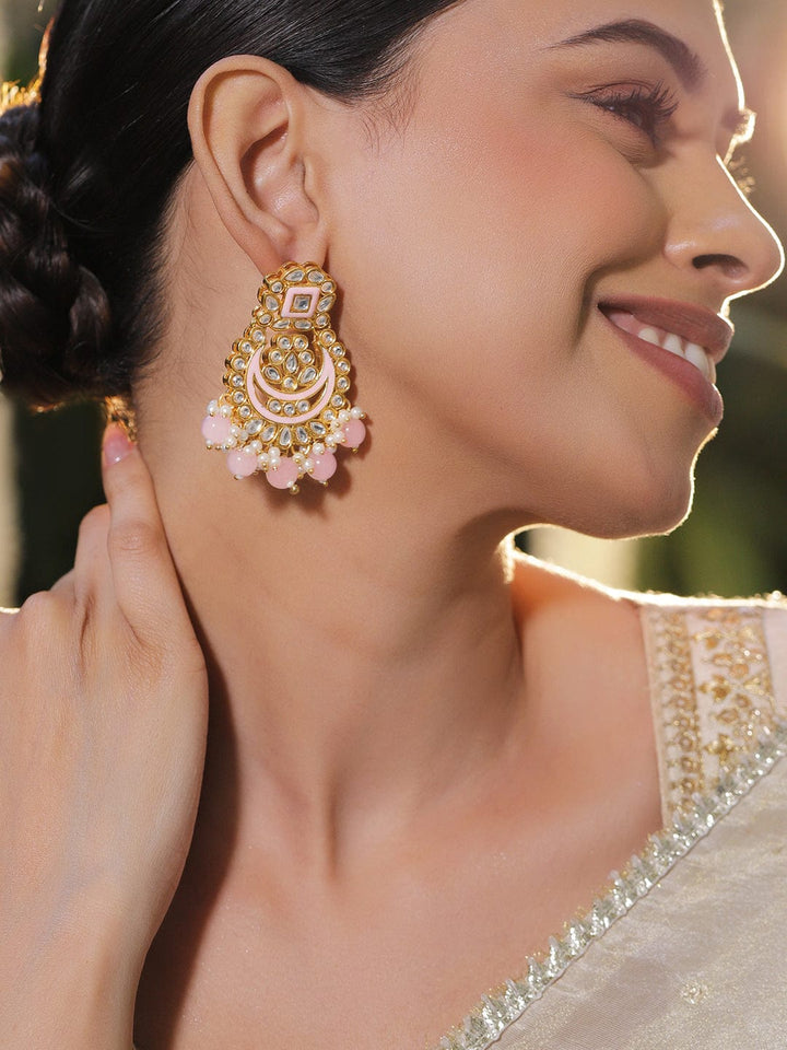 Rubans 18K Gold-Plated Kundan, Pastel Pink Enamel & Pearl Beads Handcrafted Chandbali Earrings Earrings