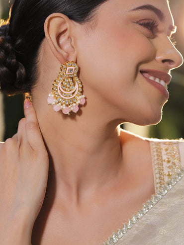 Rubans 18K Gold-Plated Kundan, Pastel Pink Enamel & Pearl Beads Handcrafted Chandbali Earrings Earrings
