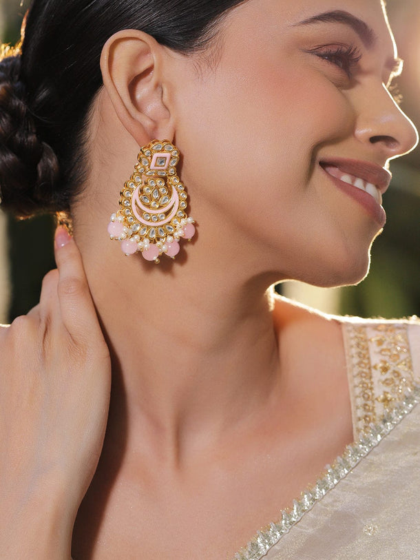 Rubans 18K Gold-Plated Kundan, Pastel Pink Enamel & Pearl Beads Handcrafted Chandbali Earrings Earrings