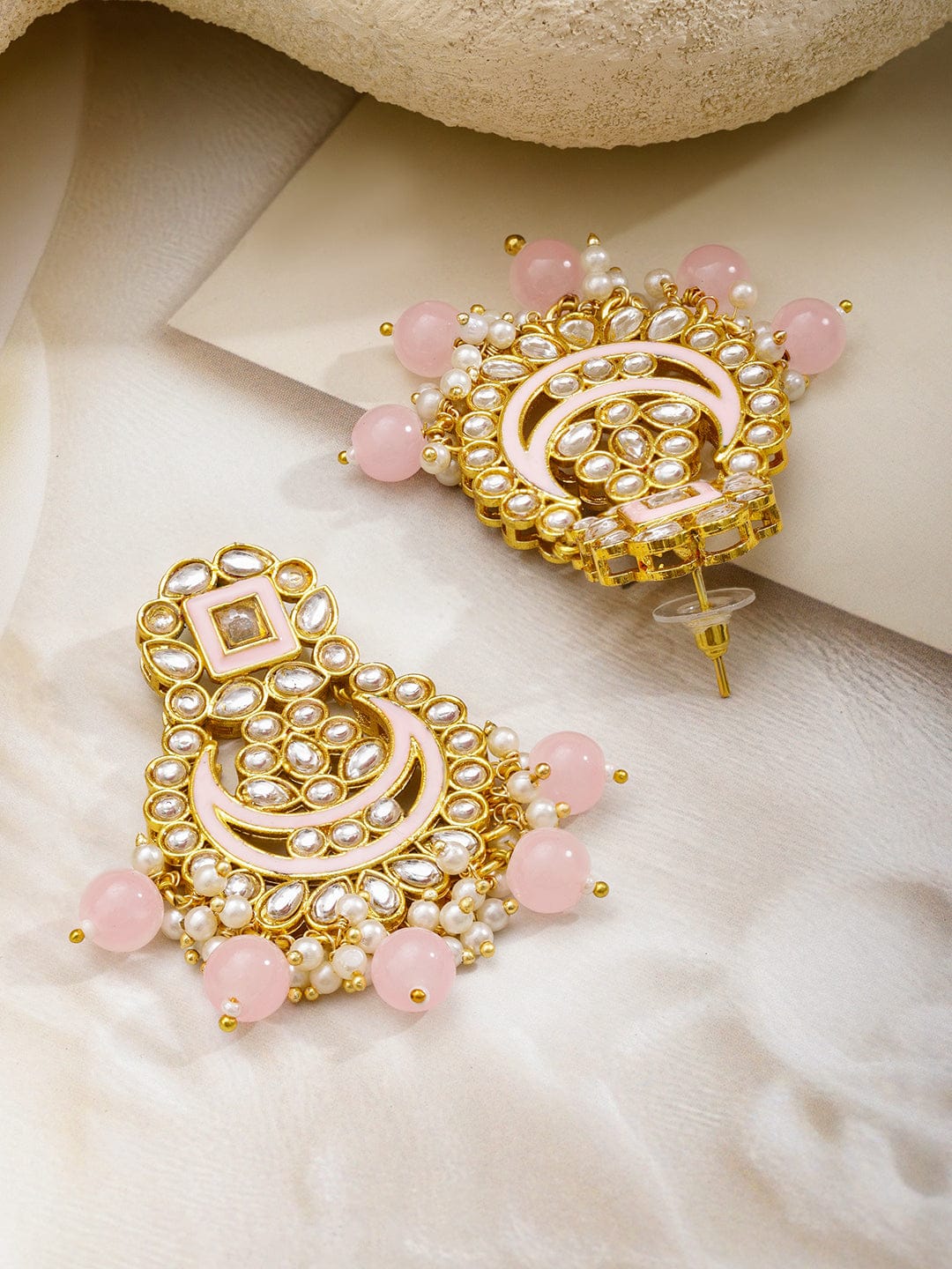 Rubans 18K Gold-Plated Kundan, Pastel Pink Enamel & Pearl Beads Handcrafted Chandbali Earrings Earrings