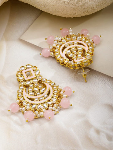 Rubans 18K Gold-Plated Kundan, Pastel Pink Enamel & Pearl Beads Handcrafted Chandbali Earrings Earrings