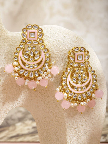 Rubans 18K Gold-Plated Kundan, Pastel Pink Enamel & Pearl Beads Handcrafted Chandbali Earrings Earrings