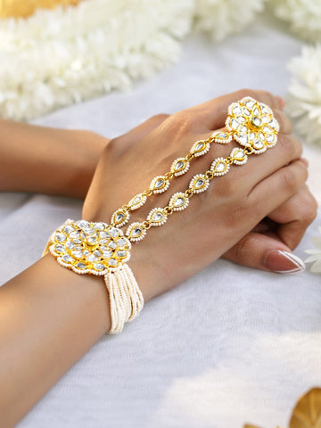Rubans 18K Gold-Plated Kundan & Pearl Beaded Handcrafted Haathpool Ring Bracelet Bracelets