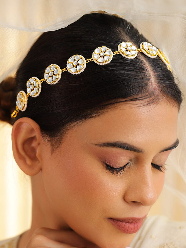 Rubans 18K Gold-Plated Kundan & Pearl Beaded Matha Patti Head Jewellery Head Jewellery