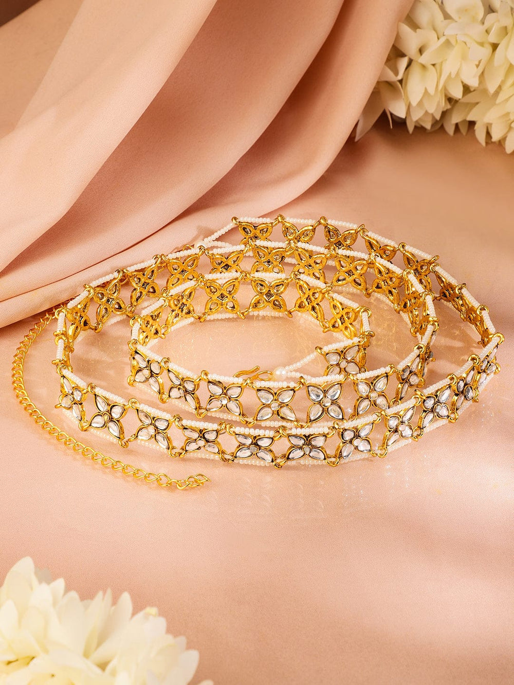 Rubans 18K Gold-Plated Kundan & Pearl Beaded Waist Chain Saree Accessories Saree Accessories