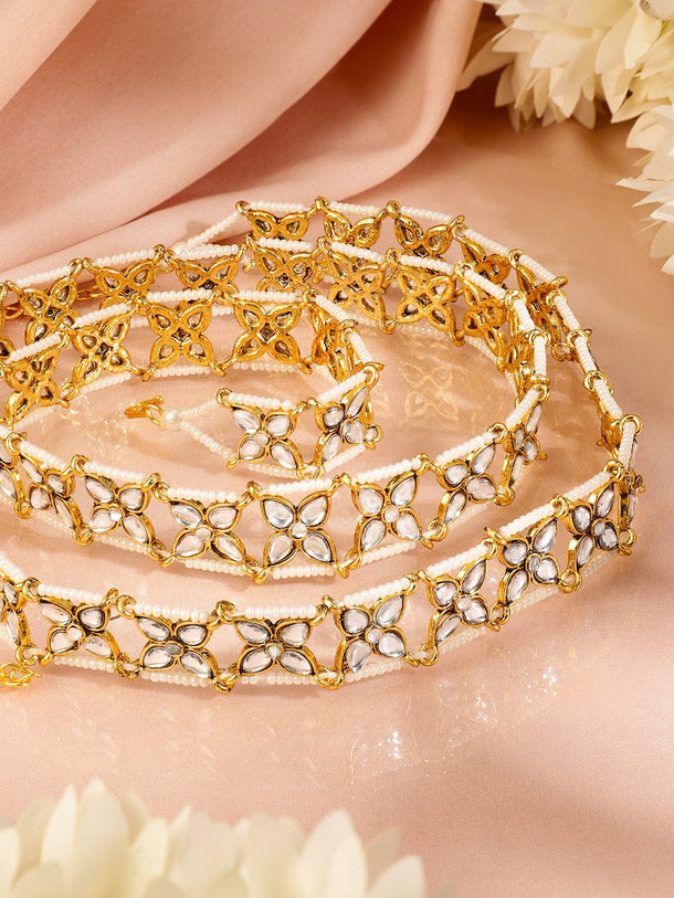 Rubans 18K Gold-Plated Kundan & Pearl Beaded Waist Chain Saree Accessories Saree Accessories