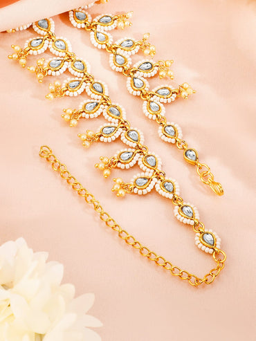 Rubans 18K Gold-Plated Kundan & Pearl Beaded Waist Chain Saree Accessories Saree Accessories