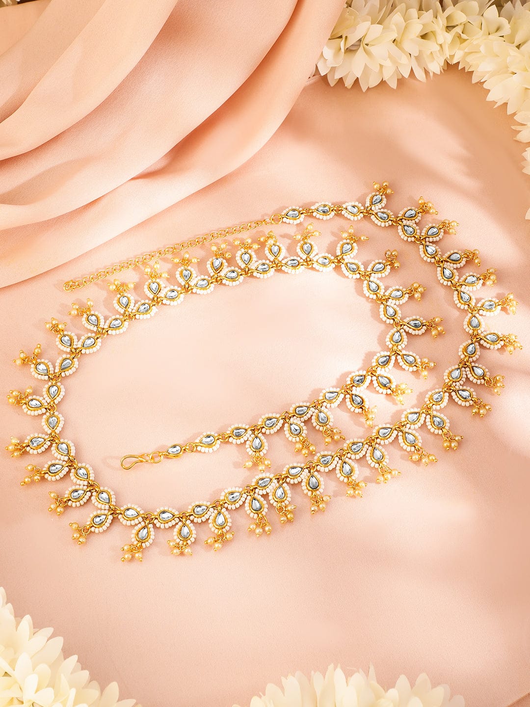 Rubans 18K Gold-Plated Kundan & Pearl Beaded Waist Chain Saree Accessories Saree Accessories