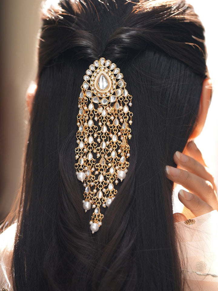 Rubans 18K Gold-Plated Kundan & Pearl Beads Studded Teardrop Motif Multilayer Hair Accessory Hair Accessories