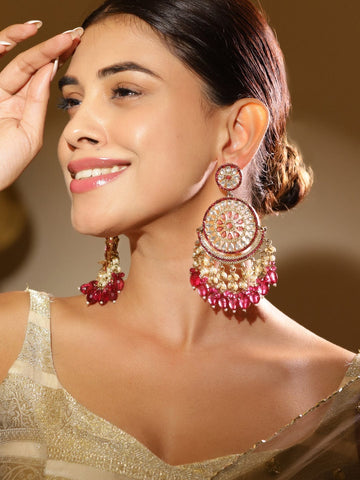Rubans 18K Gold-Plated Kundan & Ruby Pink Zirconia Studded Long Chandbali Earrings with Pearl Danglers Chandbali Earrings