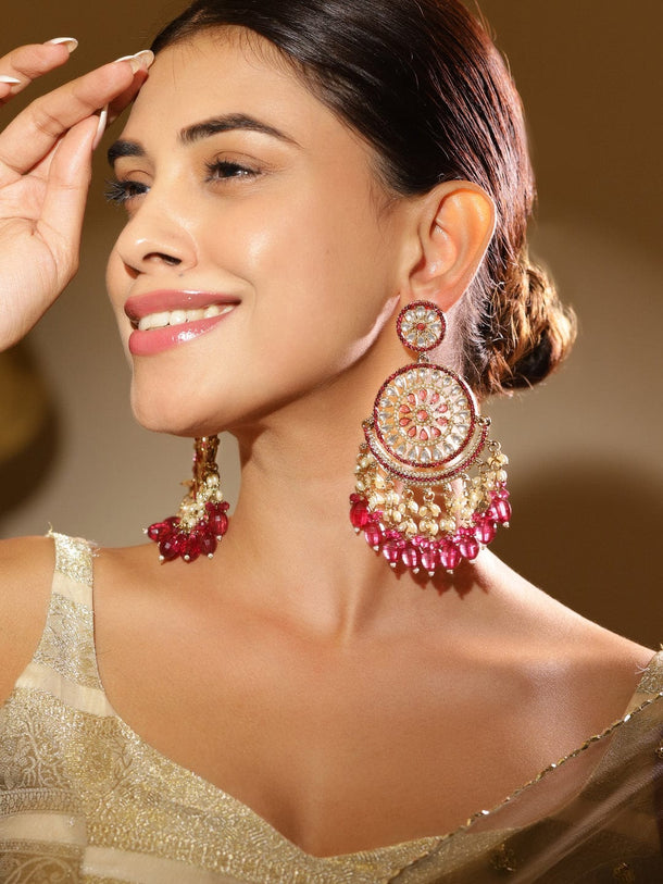 Rubans 18K Gold-Plated Kundan & Ruby Pink Zirconia Studded Long Chandbali Earrings with Pearl Danglers Chandbali Earrings