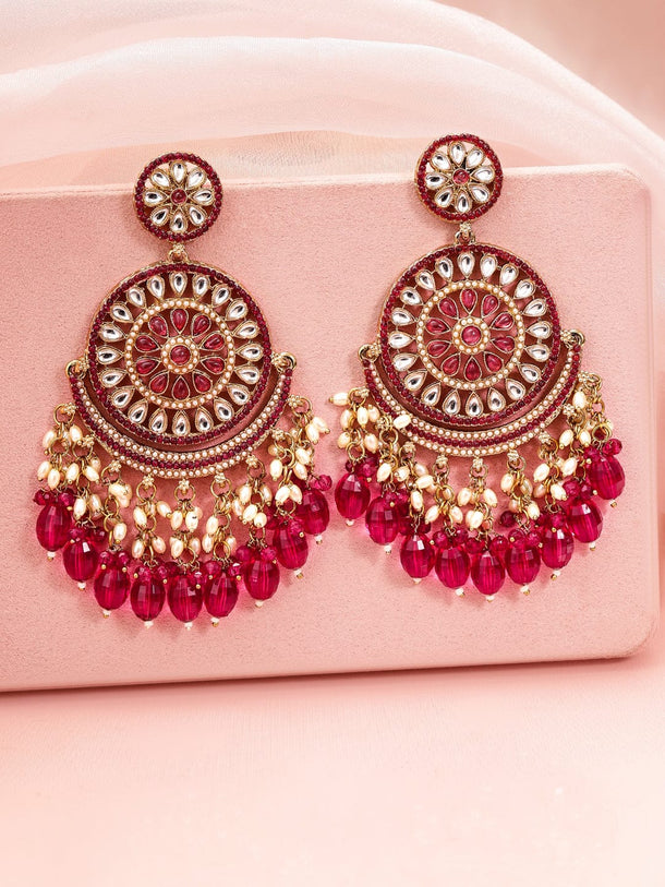 Rubans 18K Gold-Plated Kundan & Ruby Pink Zirconia Studded Long Chandbali Earrings with Pearl Danglers Earrings