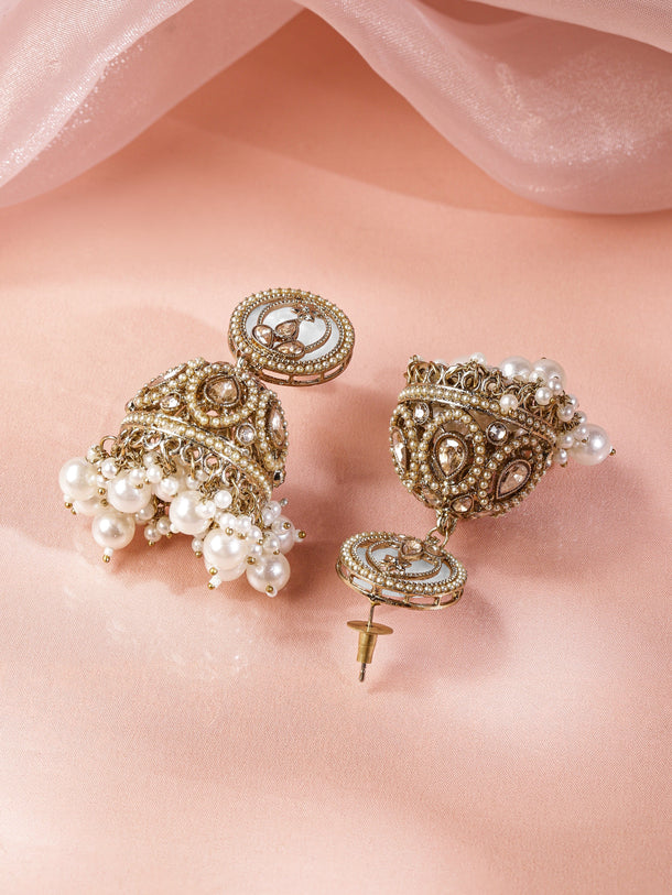 Rubans 18K Gold-Plated Kundan Studded Dome-Shaped Jhumka Earrings with Pearl Bead Accents Earrings