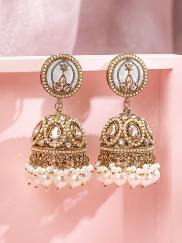 Rubans 18K Gold-Plated Kundan Studded Dome-Shaped Jhumka Earrings with Pearl Bead Accents Earrings