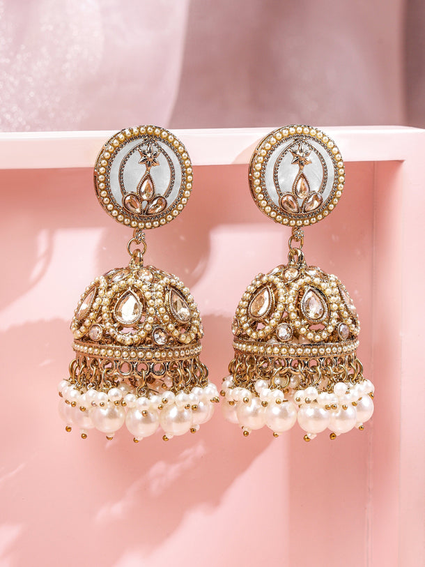 Rubans 18K Gold-Plated Kundan Studded Dome-Shaped Jhumka Earrings with Pearl Bead Accents Earrings