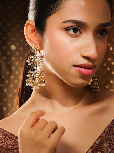Rubans 18K Gold-Plated Kundan Studded Handcrafted Earrings with Pearl Beads and Jhumka Drops Jhumka Earrings