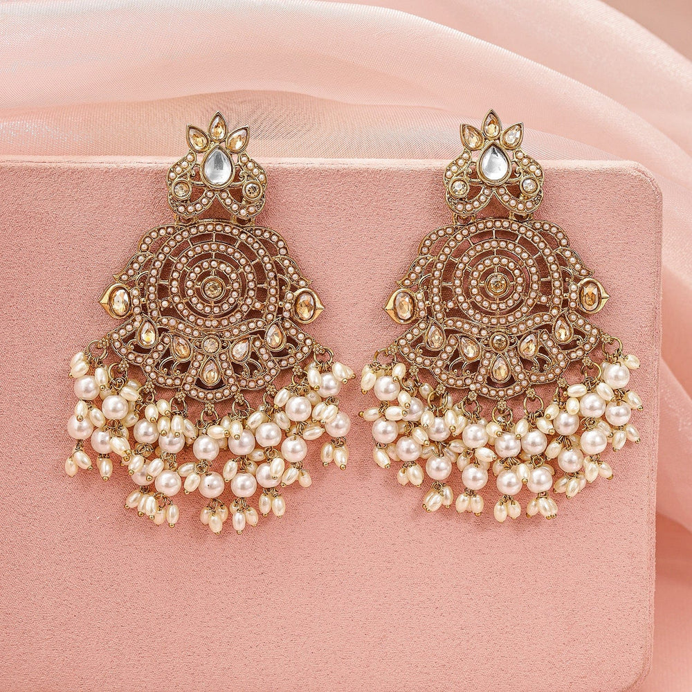 Rubans 18K Gold-Plated Kundan Studded Long Chandbali Earrings with Glossy Pearl Beads Chandbali Earring