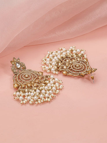 Rubans 18K Gold-Plated Kundan Studded Long Chandbali Earrings with Glossy Pearl Beads Earrings
