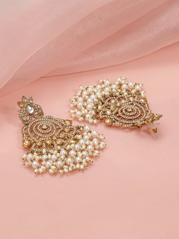 Rubans 18K Gold-Plated Kundan Studded Long Chandbali Earrings with Glossy Pearl Beads Earrings