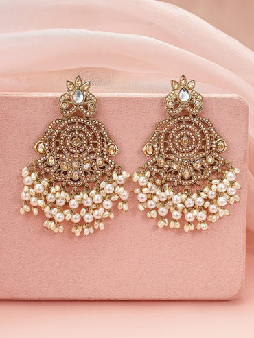Rubans 18K Gold-Plated Kundan Studded Long Chandbali Earrings with Glossy Pearl Beads Earrings