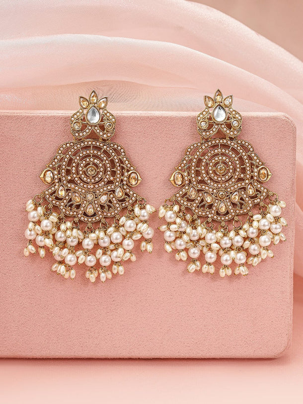 Rubans 18K Gold-Plated Kundan Studded Long Chandbali Earrings with Glossy Pearl Beads Earrings