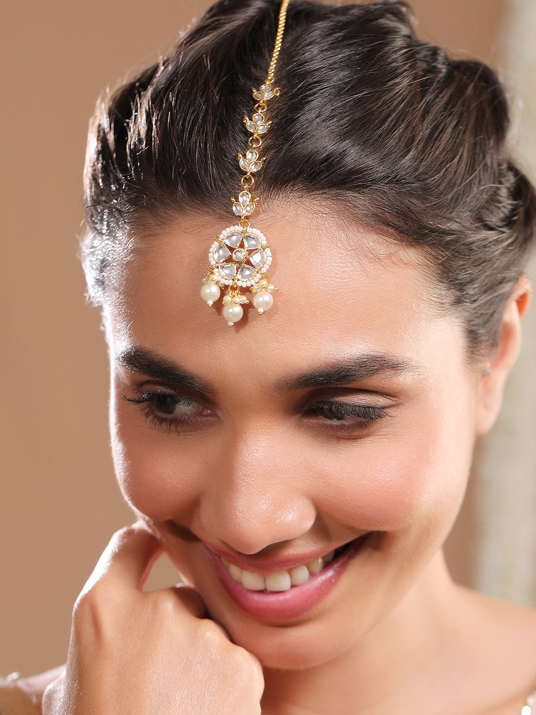 Rubans 18K Gold-Plated Kundan Studded Madang Tikka with Pearl Beads for Festive Looks Maang Tikka