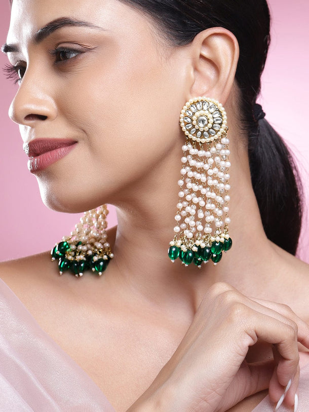 Rubans 18K Gold-Plated Kundan Studded Multilayer Pearl Beaded Green Drop Chandelier Earrings Earrings