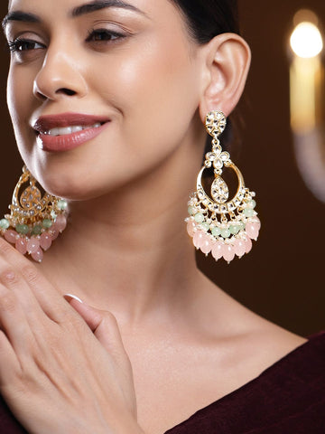 Rubans 18K Gold-Plated Kundan Studded Pastel Pink & Green Bead Big Chandbali Earrings Earrings
