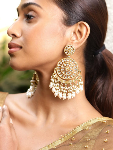 Rubans 18K Gold-Plated Kundan Studded White Pearl Beaded Handcrafted Chandbali Earrings Earrings