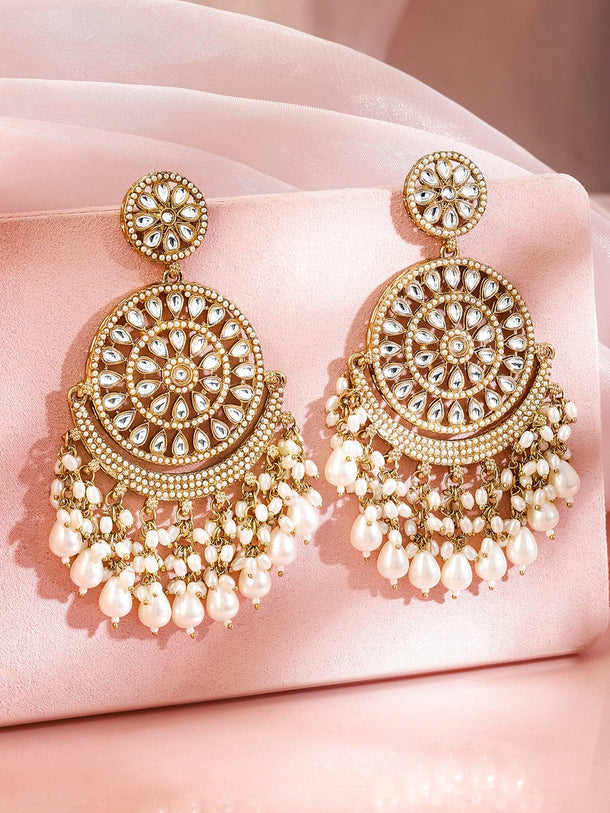 Rubans 18K Gold-Plated Kundan Studded White Pearl Beaded Handcrafted Chandbali Earrings Earrings
