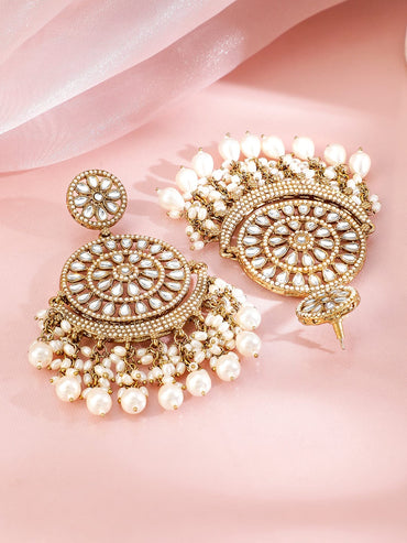 Rubans 18K Gold-Plated Kundan Studded White Pearl Beaded Handcrafted Chandbali Earrings Earrings