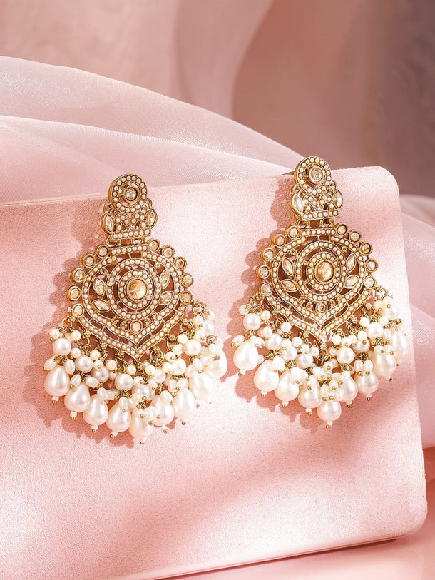 Rubans 18K Gold-Plated Kundan Studded White Pearl Beaded Handcrafted Chandbali Earrings Earrings