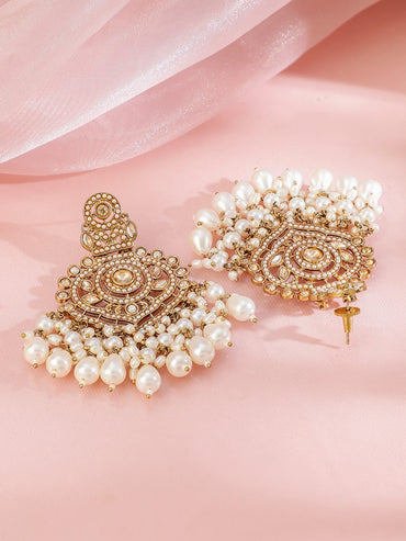 Rubans 18K Gold-Plated Kundan Studded White Pearl Beaded Handcrafted Chandbali Earrings Earrings