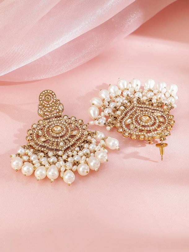 Rubans 18K Gold-Plated Kundan Studded White Pearl Beaded Handcrafted Chandbali Earrings Earrings
