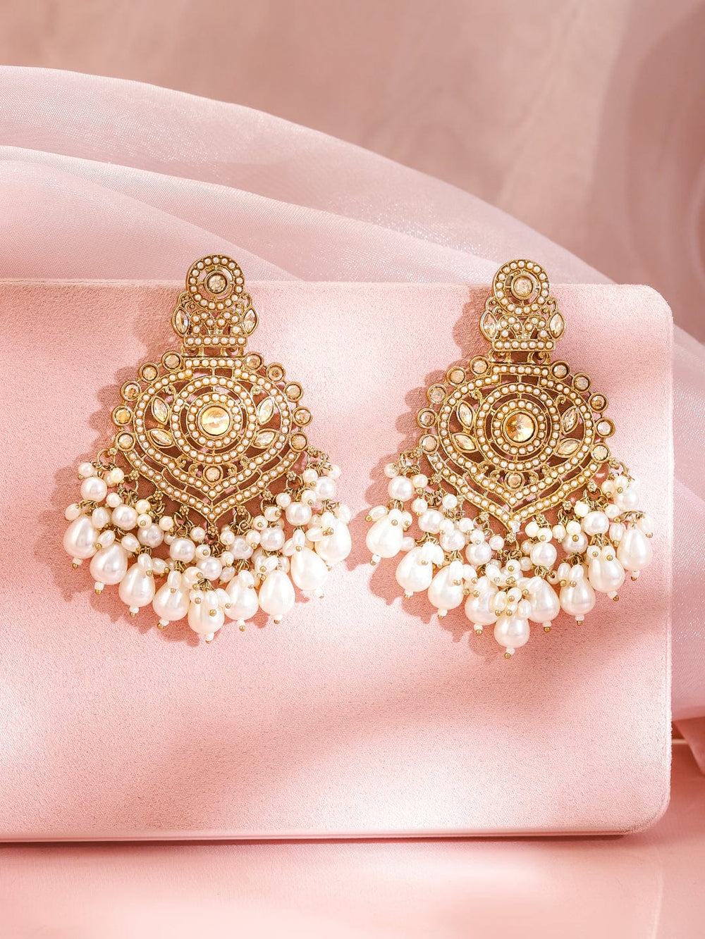 Rubans 18K Gold-Plated Kundan Studded White Pearl Beaded Handcrafted Chandbali Earrings Earrings